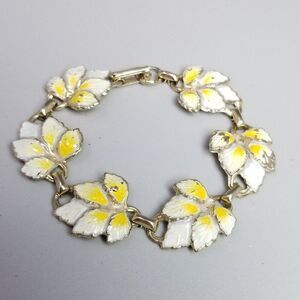Vintage Yellow and White Enamel Leaf Shape Panel Chain Bracelet, Retro Estate